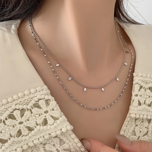 Silver Double Layered Necklace*Layering Necklace*Waterproof and Sweatproof - Picture 2 of 6